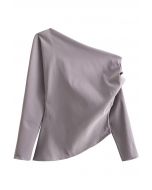 Asymmetric Ruched Detail Long Sleeves Top in Taupe