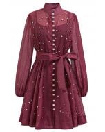 Rhinestone Decor Button Tie-Sash Organza Dress in Burgundy