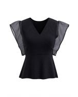 Organza Spliced Sleeveless Faux Wrap Knit Top in Black