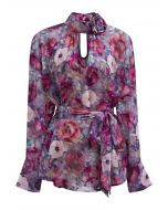 Floral Jacquard Puff Sleeves Asymmetric Chiffon Top