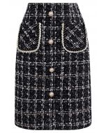 Patch Pocket Buttoned Check Tweed Skirt in Black