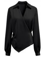 Pointed Collar Tie-Waist Satin Wrap Top in Black