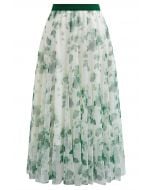 Watercolor Floral Printed Mesh Tulle Midi Skirt in Green