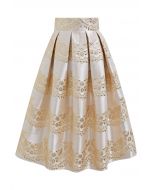 Magnificent Floral Jacquard Pleated Midi Skirt in Champagne
