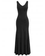 V-Neck Frill Hem Sleeveless Maxi Dress in Black