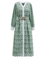 Dancing Floret Embroidered Button Down Dress in Green