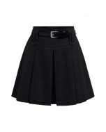 Classic Pleat Denim Mini Skirt with Belt in Black