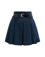 Classic Pleat Denim Mini Skirt with Belt in Blue