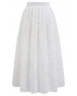 Floral and Stem Jacquard Pleated Midi Skirt in White