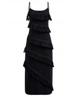 Playful Fringe Textured Cami Dress in Black