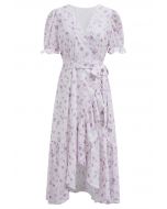 Watercolor Rose Print Wrap Midi Dress in Lilac