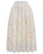 Metallic Thread Fuzzy Floral Mesh Midi Skirt in Cream