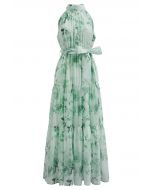 Floral Halter Neck Tie Waist Maxi Dress in Mint