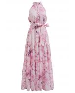 Floral Halter Neck Tie Waist Maxi Dress in Pink