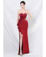 Strapless Bowknot Waist Ruffle Slit Gown in Red