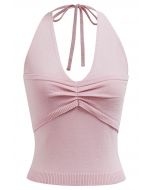 Pintuck Detail Halter Knit Top in Pink