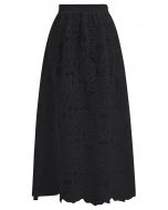 Exquisite Rose Cutwork Lace Maxi Skirt in Black