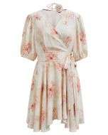 Watercolor Coral Floral Wrap Mini Dress with Choker