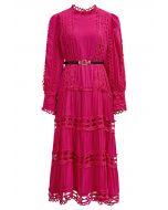 Belted Cutwork Lace Trim Bubble Sleeve Midi Dress in Magenta