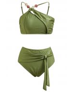 Resin Bead Asymmetric Straps Bowknot Bikini Set in Army Green