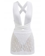 Stripe Texture Self-Tie Swimsuit and Mini Skirt Set in White