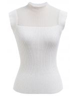 Cutout Mesh Mock Neck Metallic Knit Top in White