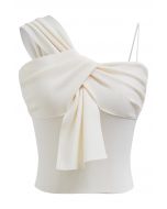 Knotted Front Asymmetric Straps Crop Knit Top in Cream