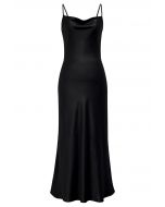Drawstring Tie Open-Back Satin Cami Dress in Black