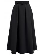 Side Pockets Pleated Belt Midi Skirt in Black