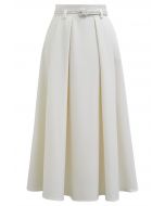 Side Pockets Pleated Belt Midi Skirt in Ivory