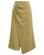 Pearl Side Pleats Asymmetric Flap Midi Skirt in Mustard