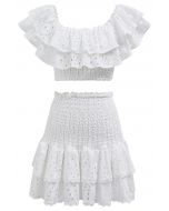 Ruffled Off-Shoulder Shirred Crop Top and Mini Skirt Set in White