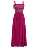 Floret Embroidery Tie-Shoulder Shirred Dress in Hot Pink