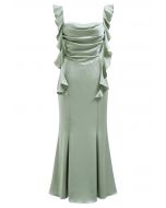 Cascading Ruffle Trim Ruched Satin Dress in Mint