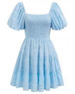 Floral Eyelet Bubble Sleeve Mini Dress in Blue