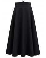 Solid Black High-Waist A-Line Midi Skirt 