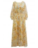 Gauzy Floral Print Bubble Sleeve Dolly Dress in Yellow