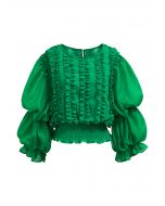 Bubble Sleeve Ruffle Trim Chiffon Spliced Crop Top in Green