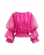 Bubble Sleeve Ruffle Trim Chiffon Spliced Crop Top in Magenta