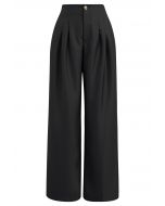 Polished Pleat Detail Straight-Leg Pants in Black