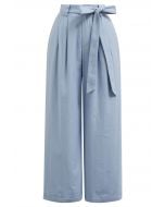 Bow Tie Sash Pleated Wide-Leg Pants in Blue