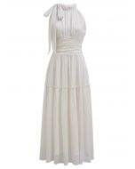 Solid Color Bowknot Halter Neck Ruffle Midi Dress in Ivory