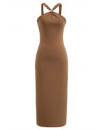 Golden Bead Trim Halter Sheath Dress in Caramel