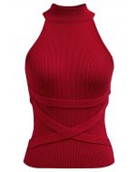 Crisscross Ribbon Sleeveless Halter Knit Top in Red