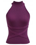 Crisscross Ribbon Sleeveless Halter Knit Top in Purple