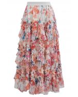 Flowery Printed Ruffle Mesh Maxi Skirt in Red