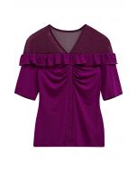 V-Neck Mesh Spliced Ruffle Top in Magenta