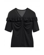 V-Neck Mesh Spliced Ruffle Top in Black