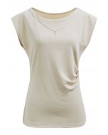 Decorative Necklace Side Pleat Cotton Top in Sand