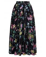 Vivid Floral Print Pleated Maxi Skirt in Black